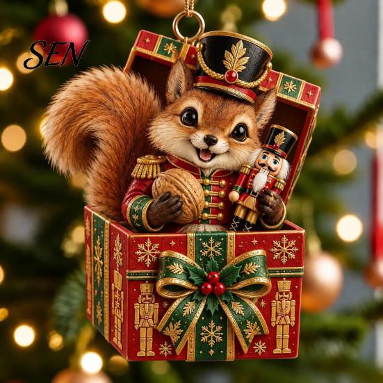 Small Animal Gift Tags for Christmas Forest Ornament, 2D Flat Acrylic Fox Reindeer Squirrel Raccoon in Tree Decoration Set Box Hanging Xmas