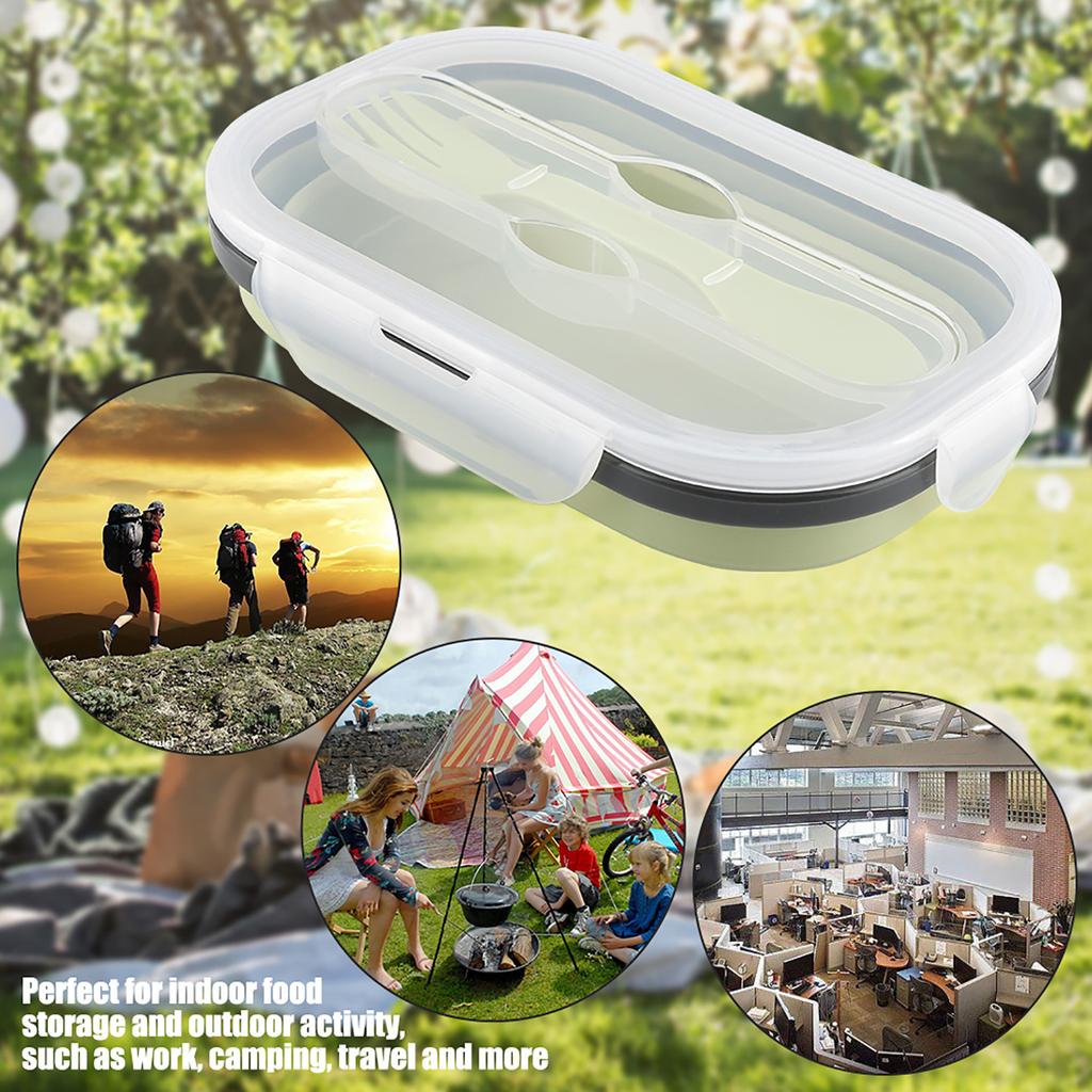 Food Grade Silicone Foldable Lunch Box Portable Rectangle Food Storage Container (Blue)