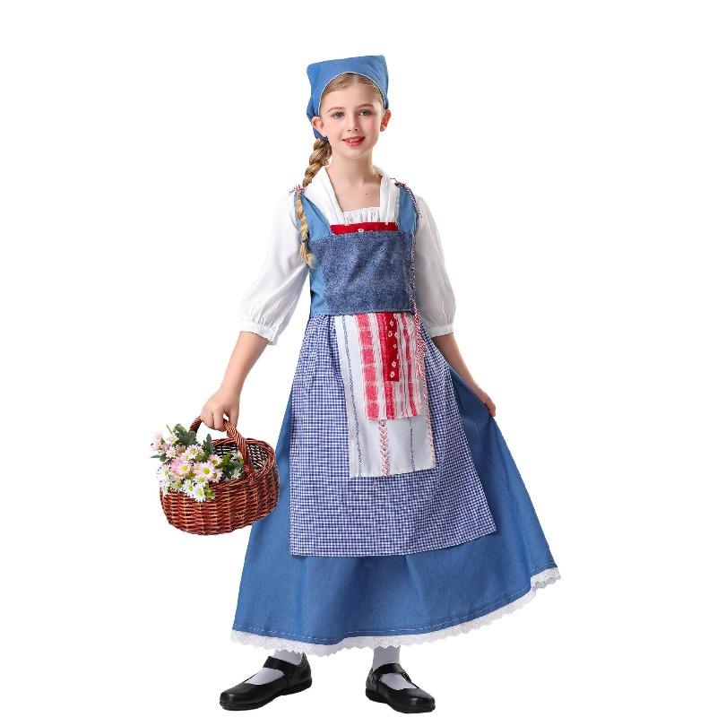 

alloween children rench manor maid cospay costume medieval pastoral maid long dress parent-child ouit 150cm