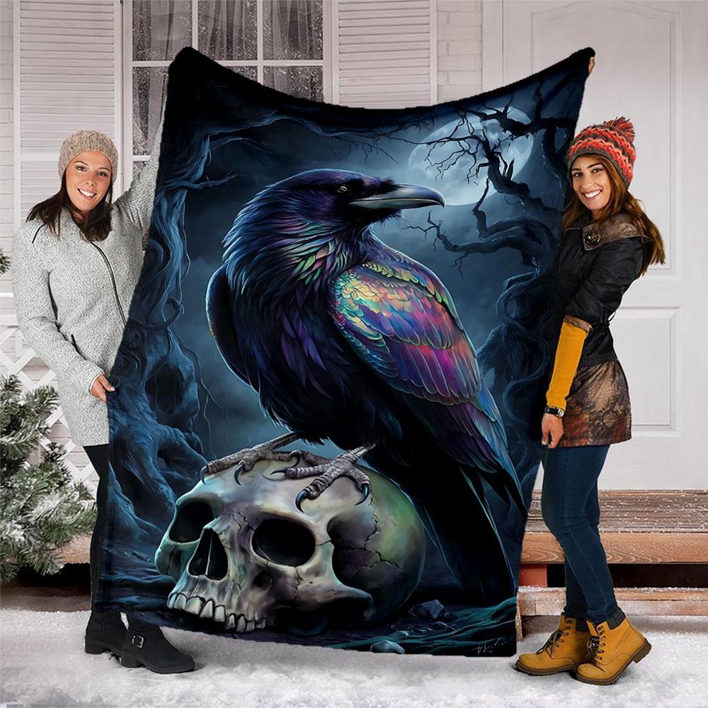 1pc Raven Skull Print Outdoor Blanket, Lightweight Polyester,