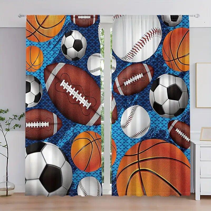 

Printed curtains with patterns of football, basketball and rugby, window decorations, home decorations and room decorations 29Wx64L(75x166CM)x2