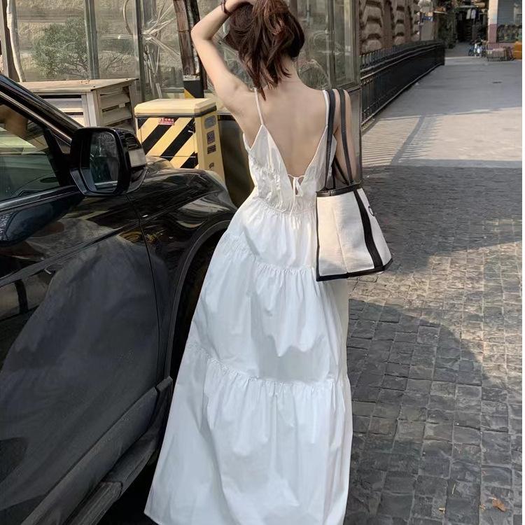 French white fairy dress suspender skirt seaside vacation dress female slim summer skirt niche temperament long dress