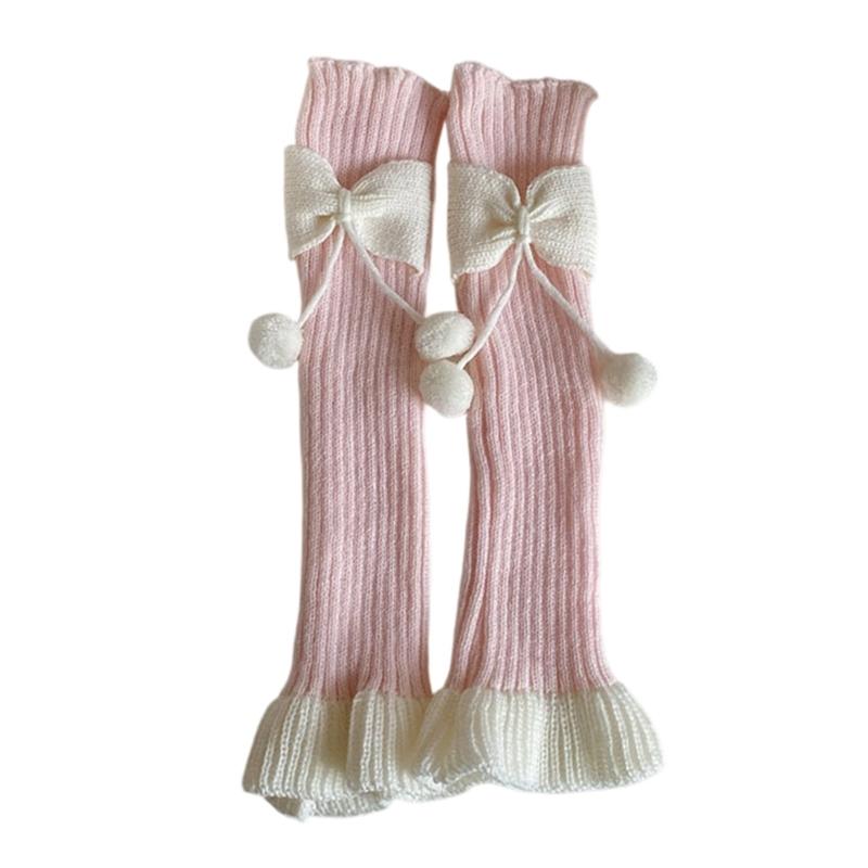 Fashionable Women's Leg Warmers Ribbed Socks Elastic Lace Trim with Cute Bows and Fuzzy Ball Winter Accessories