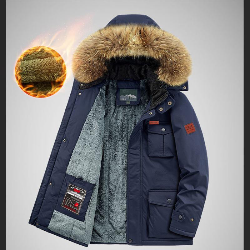 Men's Mid-Length Winter Fleece-Lined Hooded Warm Coat Youth Casual Multi-Pocket Thickened Coat