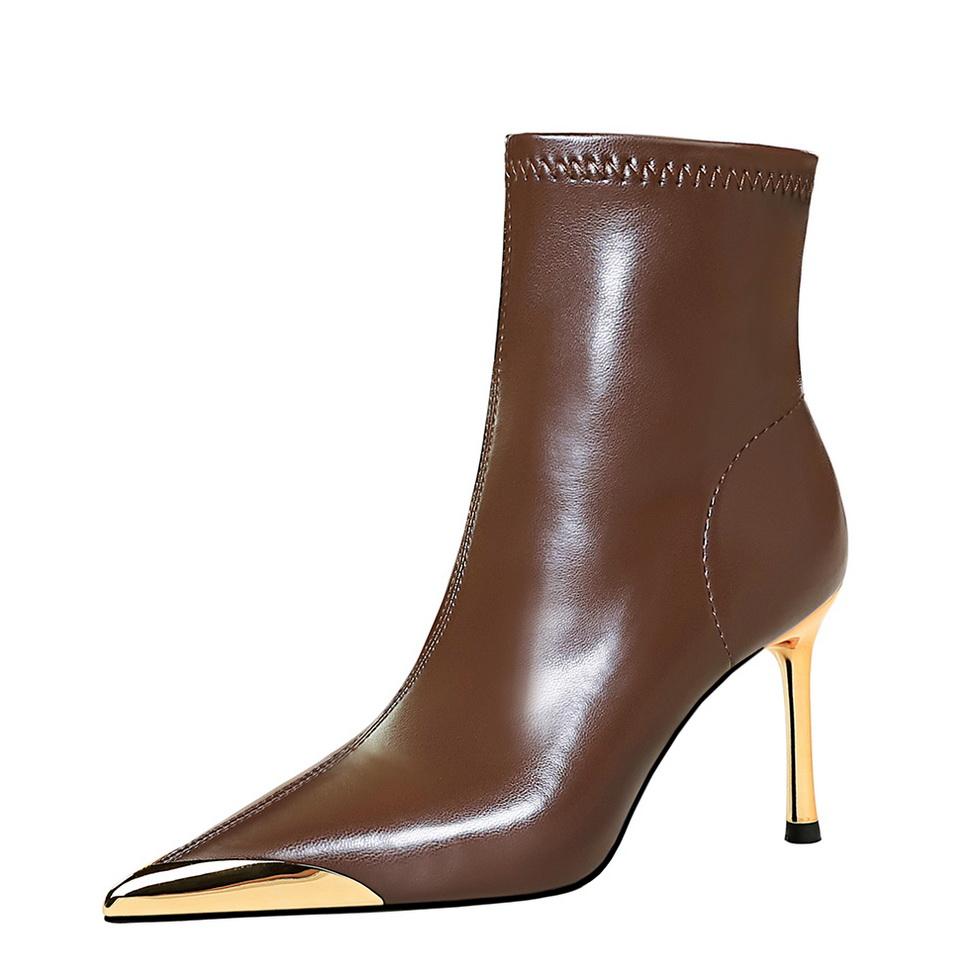 Botas curtas de inverno, saltos finos, saltos super altos, botas femininas, botas de cano curto, bico de ferro com ponta de metal, botas curtas da moda