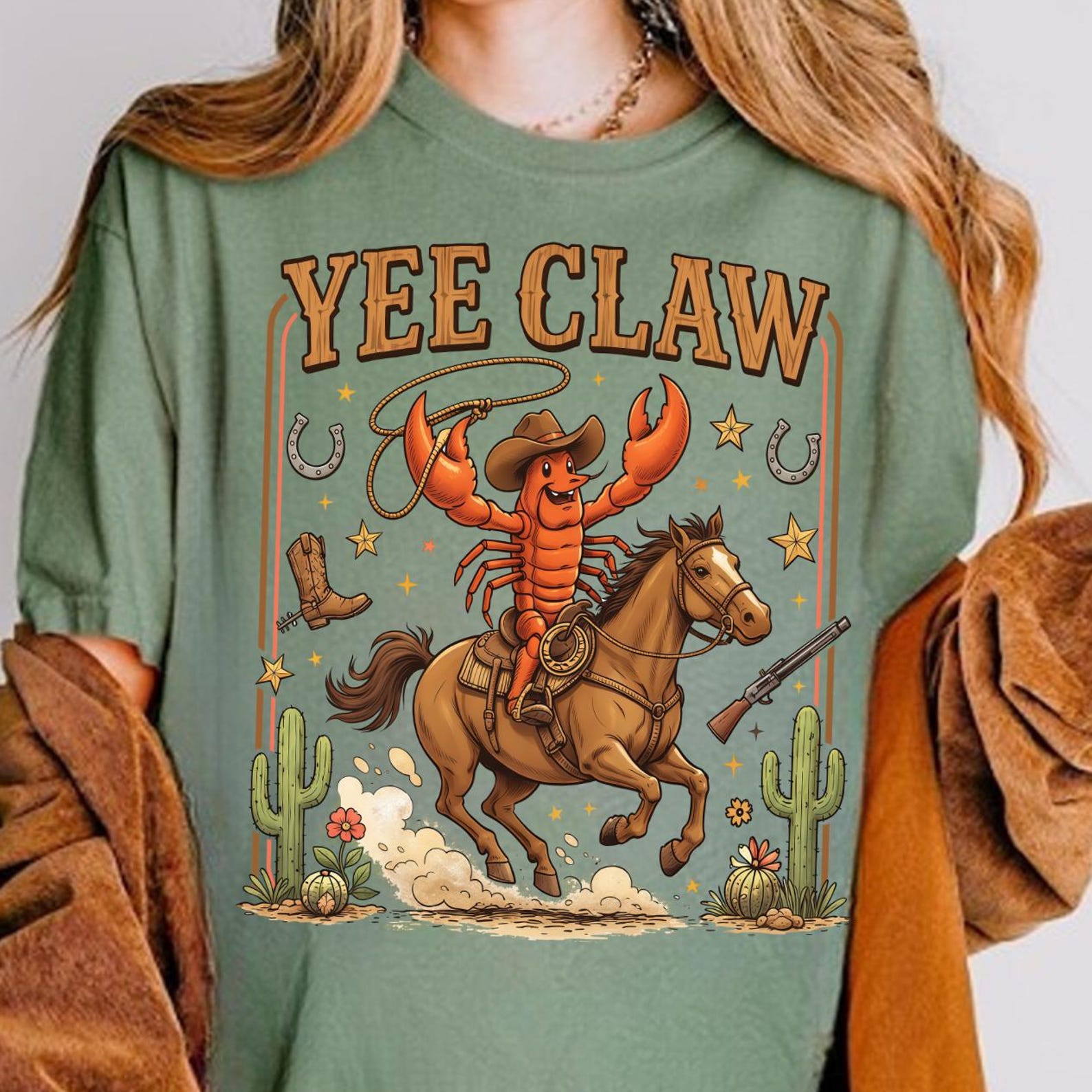 Yee Claw Lobster Cowboy Shirt, Coastal Cowboy Beach Tee, Funny Lobster Cowboy Shirt, Coastal Cowgirl Summer Vacation Tee, Sun Salt Sass Tee XL