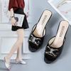 Summer new thin heel medium heel fish mouth bow one word women's versatile large size slippers