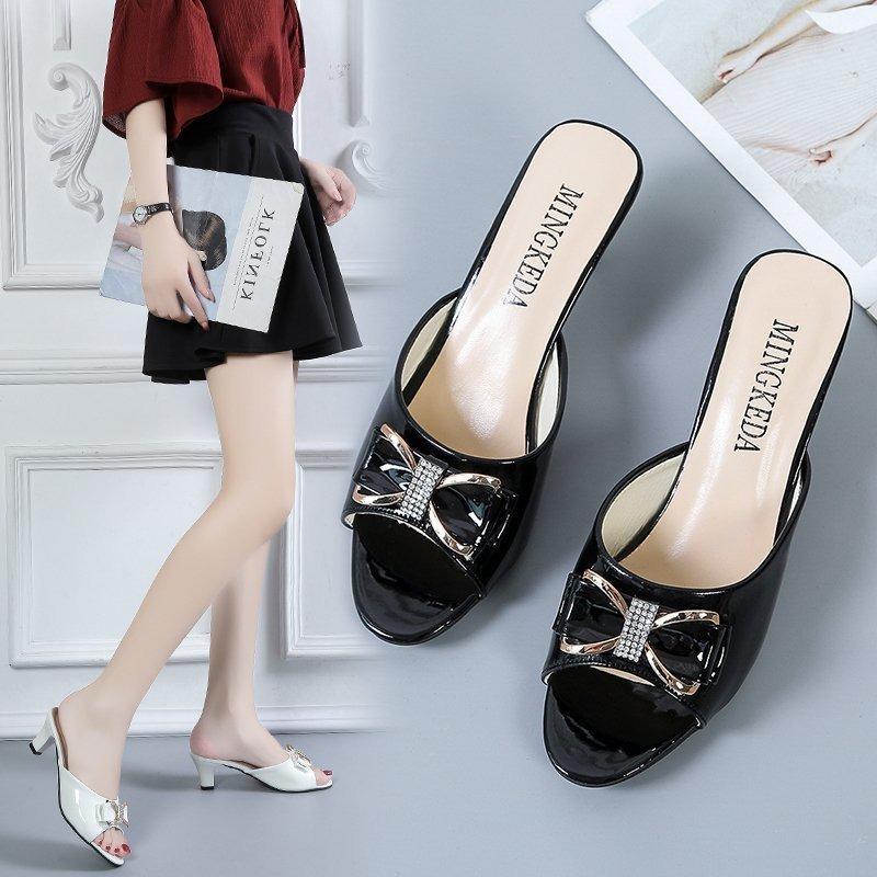 Summer new thin heel medium heel fish mouth bow one word women's versatile large size slippers