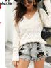 Women's Autumn Heart-Shaped Hollow Long Sleeve Knit Sweater Solid Color V-Neck Top Loose Pullover