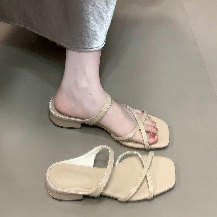 Soft leather version~ French gentle cross with open-toed sandals women's summer temperament square head fashion niche one-word slippers