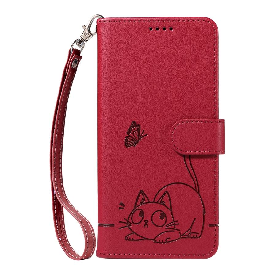 Embossed Butterfly and Cat Flip Case with 3 Card Slots and Stand for iPhone/Samsung/Xiaomi Redmi PU Leather Phone Wallet Case with Hand Strap
