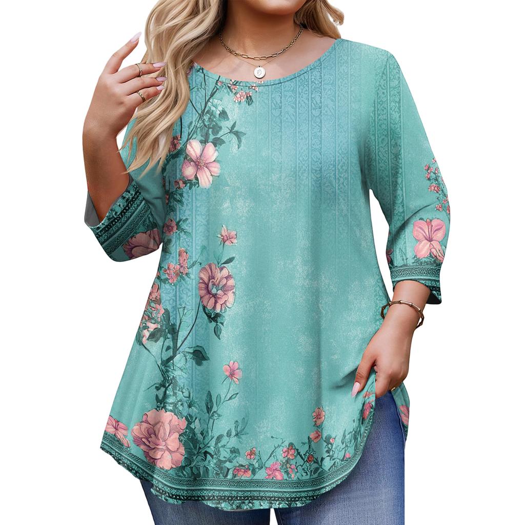 Top Moda da Donna Stampa Floreale Taglie Forti Manica 3/4 Orlo Arrotondato Girocollo