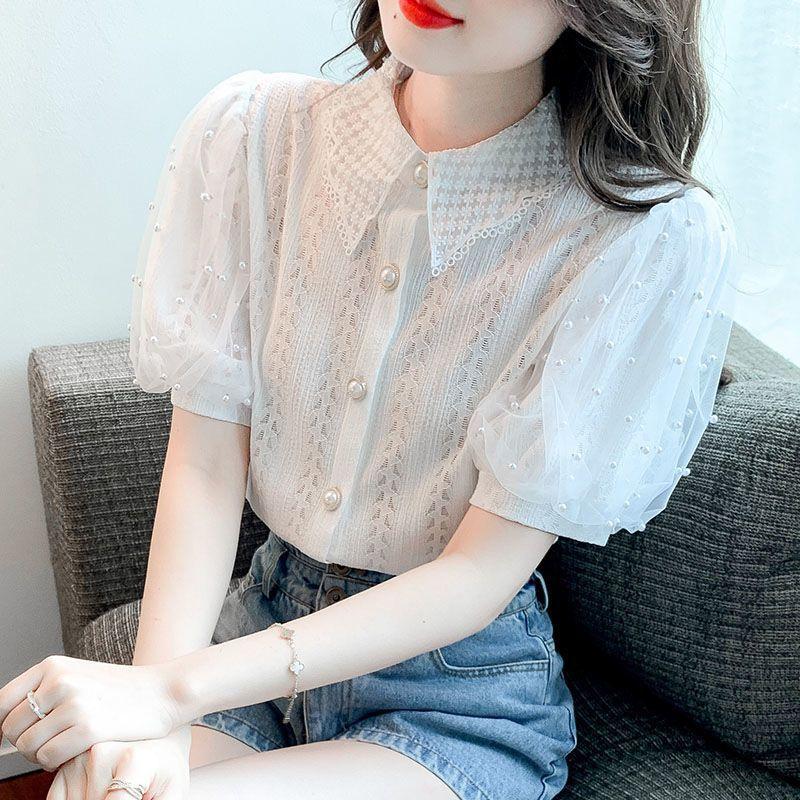 Bubble Short Sleeved Lace Shirt for Women Summer New Versatile Hollow Out Shirt Top