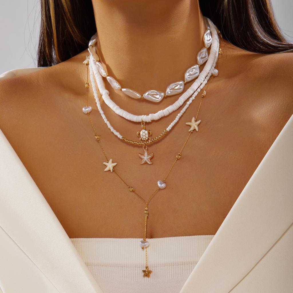 4Pcs/Set Boho Starfish Conch Rice Beads Pendant Necklace for Women Multilayer Soft Clay Starfish Shell Choker Summer Jewelry
