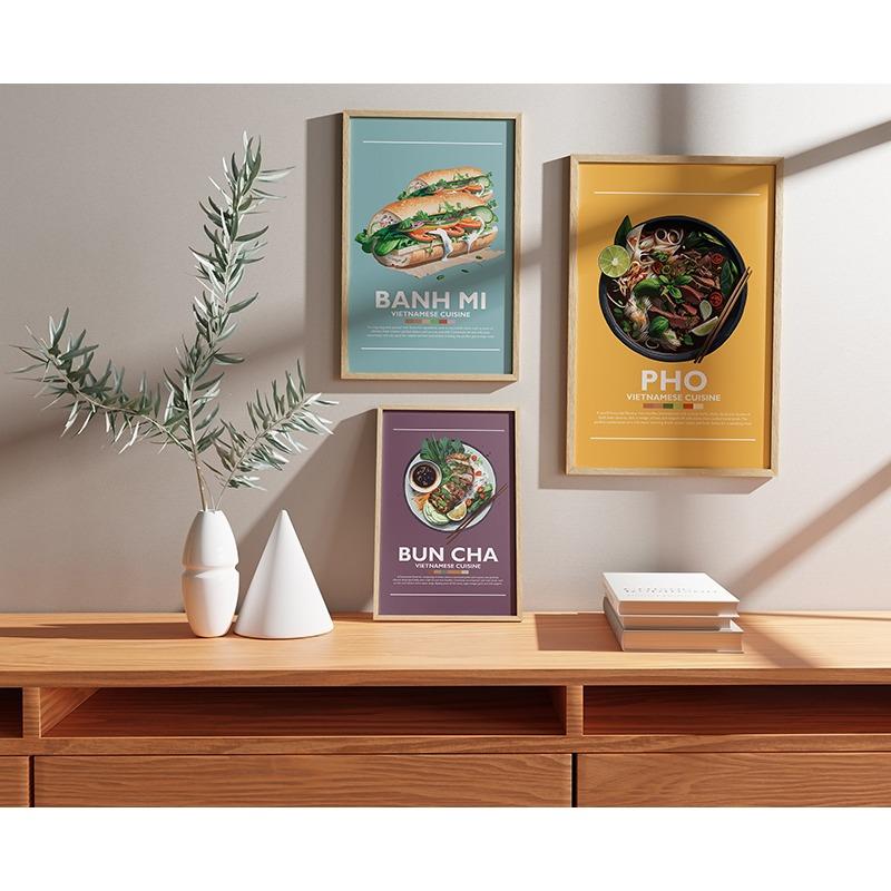 Pôster Minimalista de Comida Vietnamita Banh Mi Bun Cha Goi Cuon Banh Xeo Cao Lau Pintura em Tela Arte de Parede Imagem Decoração de Cozinha Casa