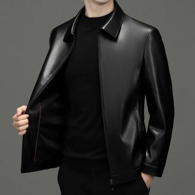 Men Jacket Lapel Long Sleeve Zipper Placket Regular Fit Coat Solid Color Short Style Faux Leather Jacket Casual Street Outwear