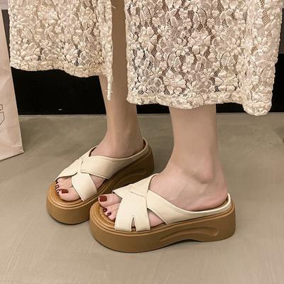 French Thick-soled Heightening Slippers for Women's Summer Wear 2025 New Models with Skirts, One-word Slips, High-end Beach Sandals