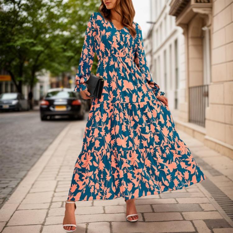 Vestido Maxi Floral Manga Longa Decote V Boêmio Vestido para Convidada de Casamento Casual Feminino