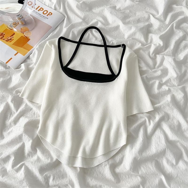 Sommer T-Shirt mit hängendem Hals und quadratischem Ausschnitt für Damen, lockeres, großes, kurzärmliges Oberteil