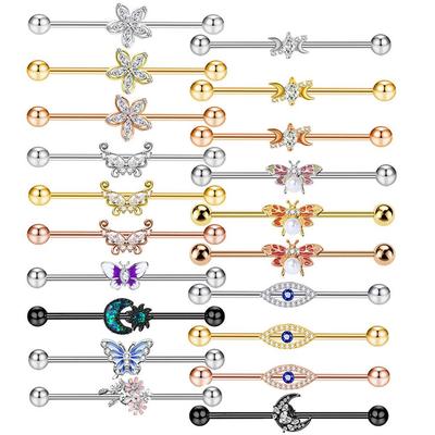 Butterfly Zircon Stainless Steel Earrings: Moon & Long Rod Piercing Jewelry