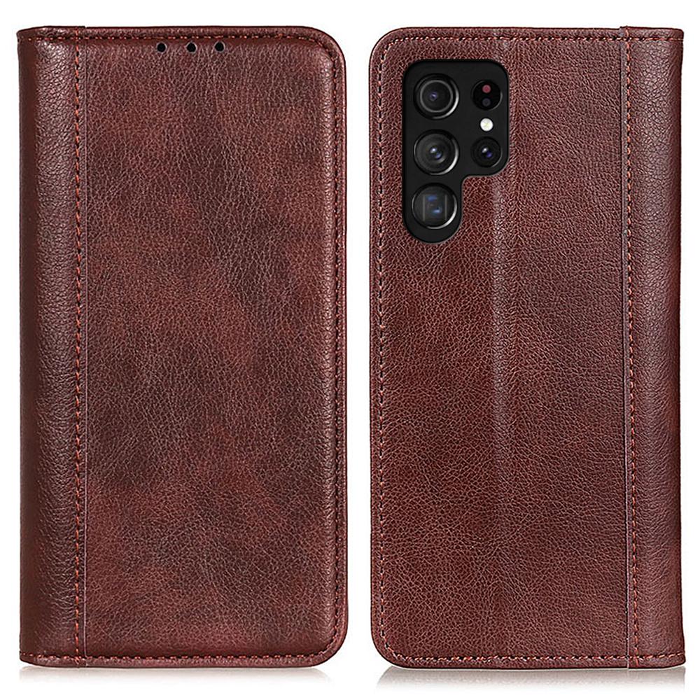 

For Samsung Galaxy S25 Ultra Stand Case Split Leather Litchi Texture Wallet Phone Cover Brown