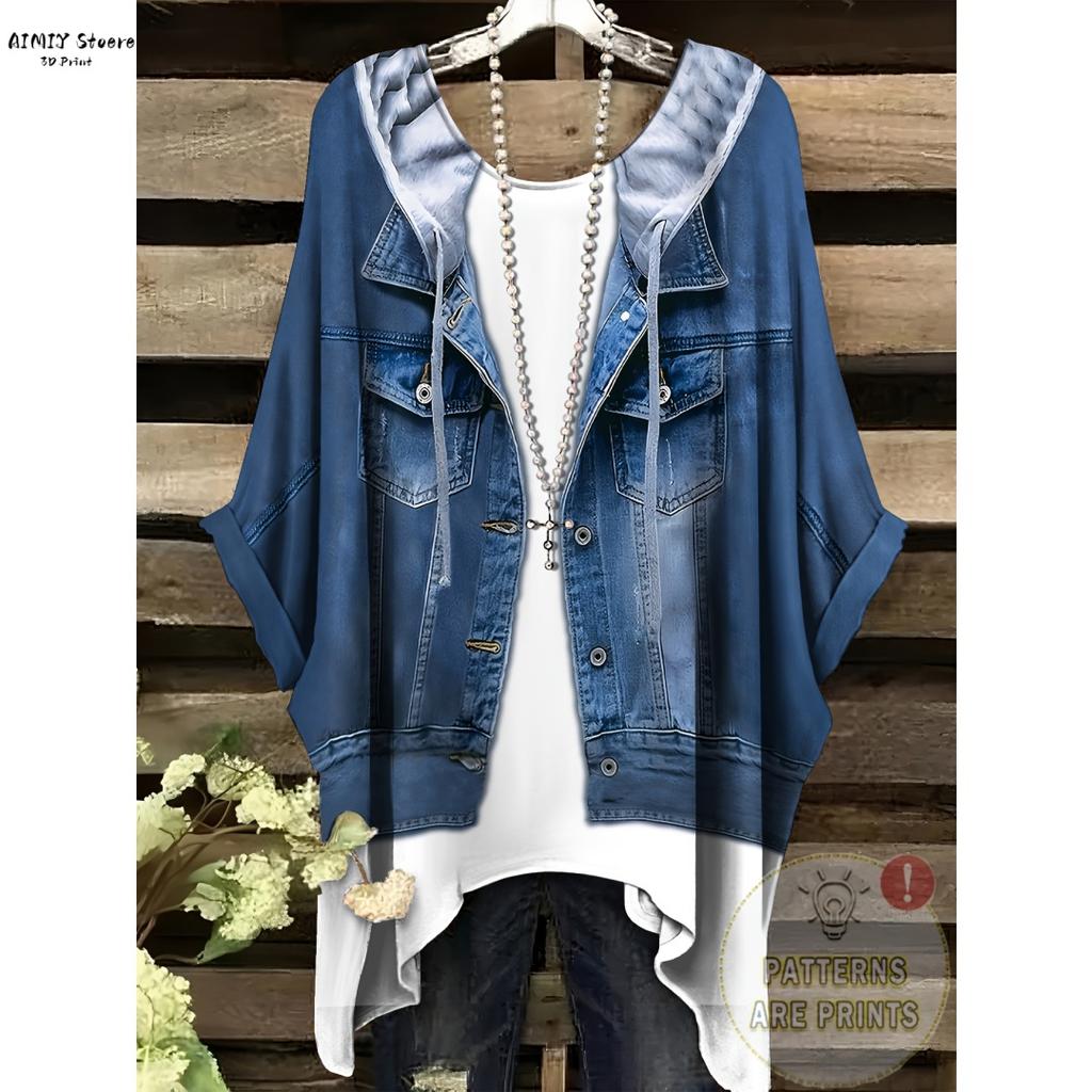 Imitation Denim All-Over Print T-Shirt | Casual Round Neck Short Sleeve Top with Frayed Hem Crisscross Back Detail Washable