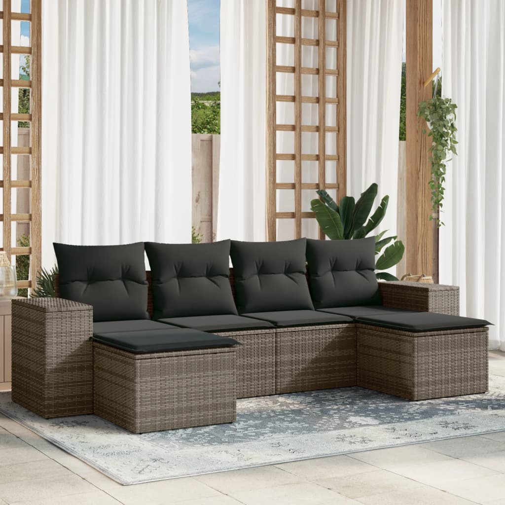 6 Piece Grey Garden Sofa Set with Cushions Poly Rattan