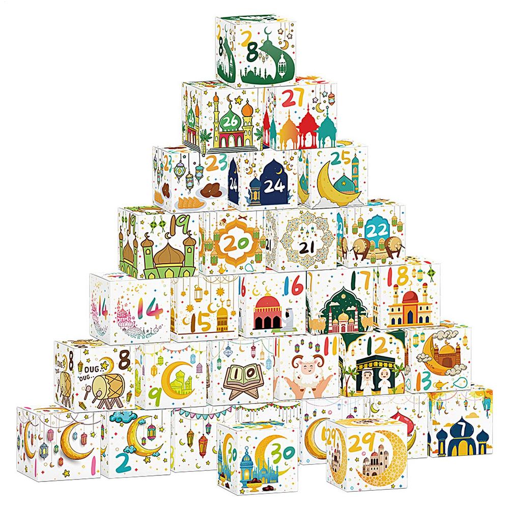 30Pcs Eid Mubarak Candy Gift Box Ramadan Kareem Advent Calendar Decoration Paper Candy Boxes Muslim Islamic Home Party Supplies
