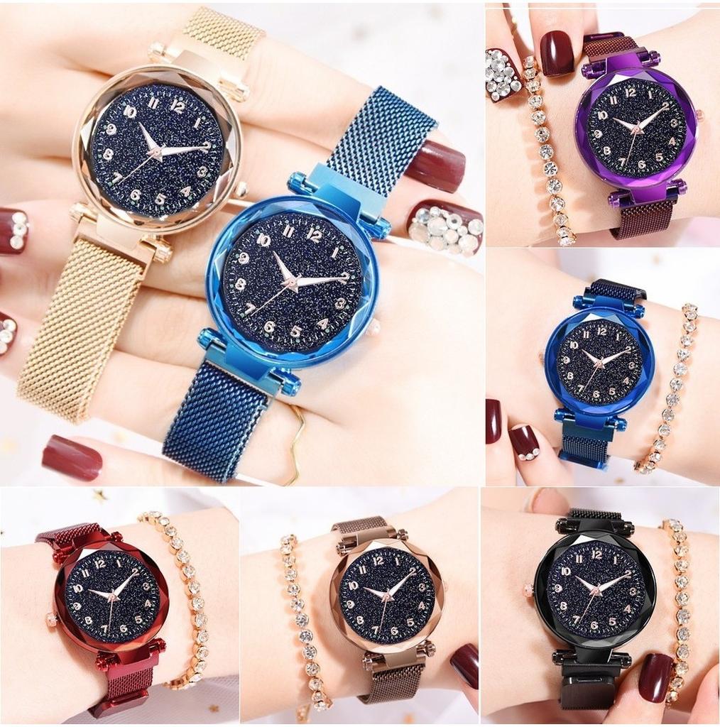 Women Fashion Luminous Numbers Starry Sky Quartz Watch Magnetic Wristwatch Buckle