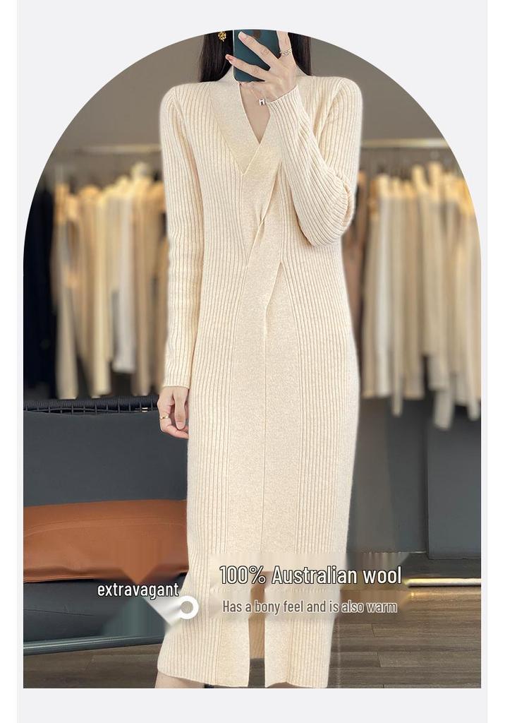 Women's V-Neck Cable Knit Wool Dress - Slimming Over-the-Knee Style with Long Sleeves and Slit for Autumn/Winter