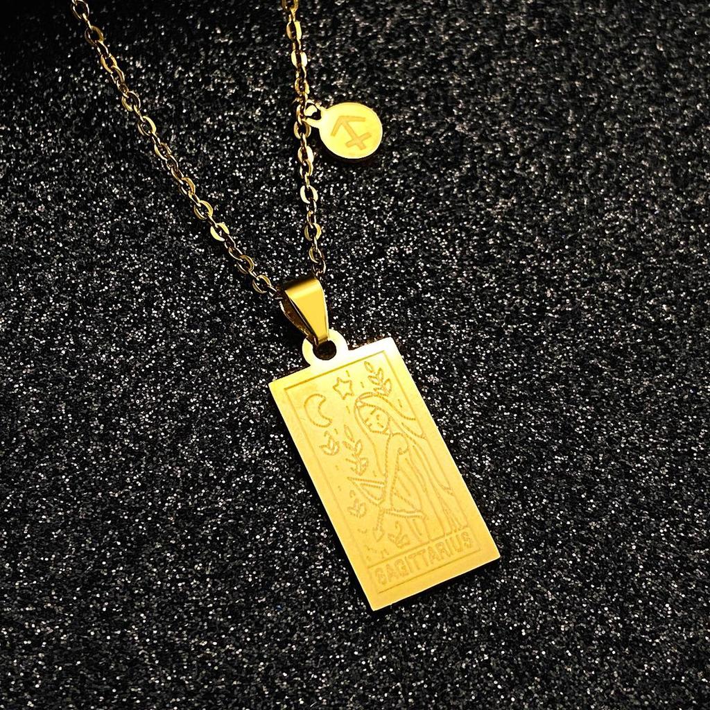 Stainless Steel Zodiac Tarot Card Necklace - Retro Square Pendant Clavicle Chain for Women