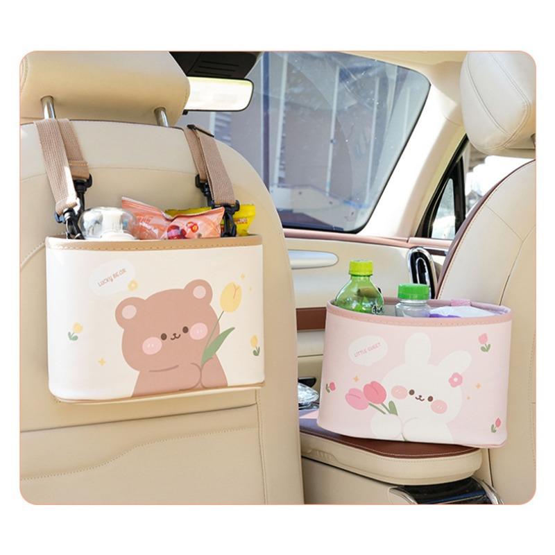 Cartoon Bear Car Trash Bin Leather Print Hanging Car Storage Organizer