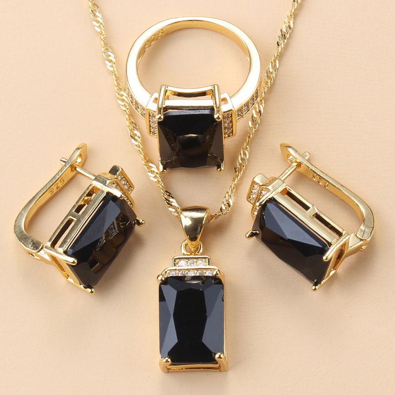 Arab Gold Color Jewelry Sets Dubai Bridal Wedding Costume Black Zirconia Bracelet Clip Earrings African Necklace Sets For Women