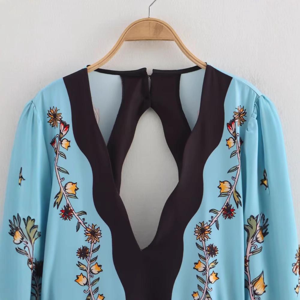 2025 Spring Women's European & American Backless Patchwork Print Waist Belt Long Dress