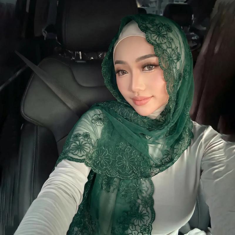 Lace Embroidery Muslim Hijab Women Chiffon Scarf Sheer Floral Headscarf Islamic Head Wrap Bandana Daily Prayer Head Accessory