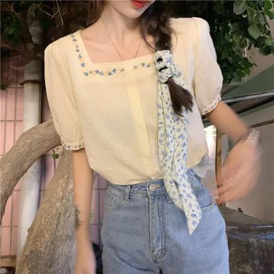 Women's Summer Square Neck Embroidered Flower Blouse Sweet Design Short Sleeve Shirt
