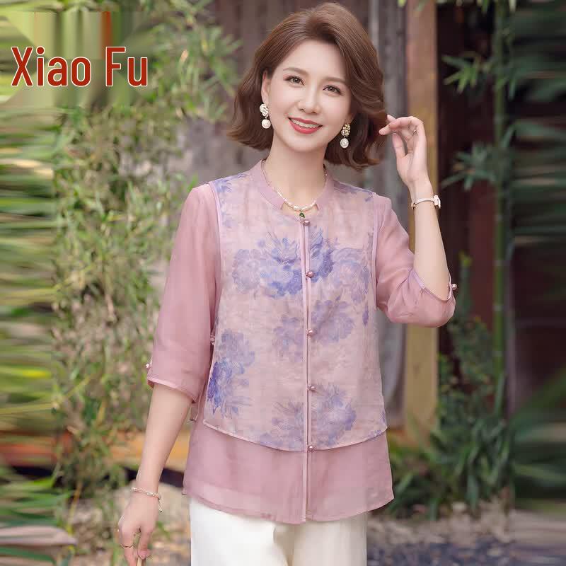 

Women s Chinese Style Elegant Floral Mid-Sleeve Shirt 4XL