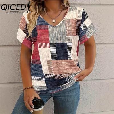 Blusas e Camisas Casuais de Manga Curta com Decote em V para Mulheres