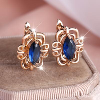 Boho Blue Zircon Rhombus Flower Brincos de estilo étnico para mulheres Brincos de gota de cor ouro rosa Jóias de casamento vintage