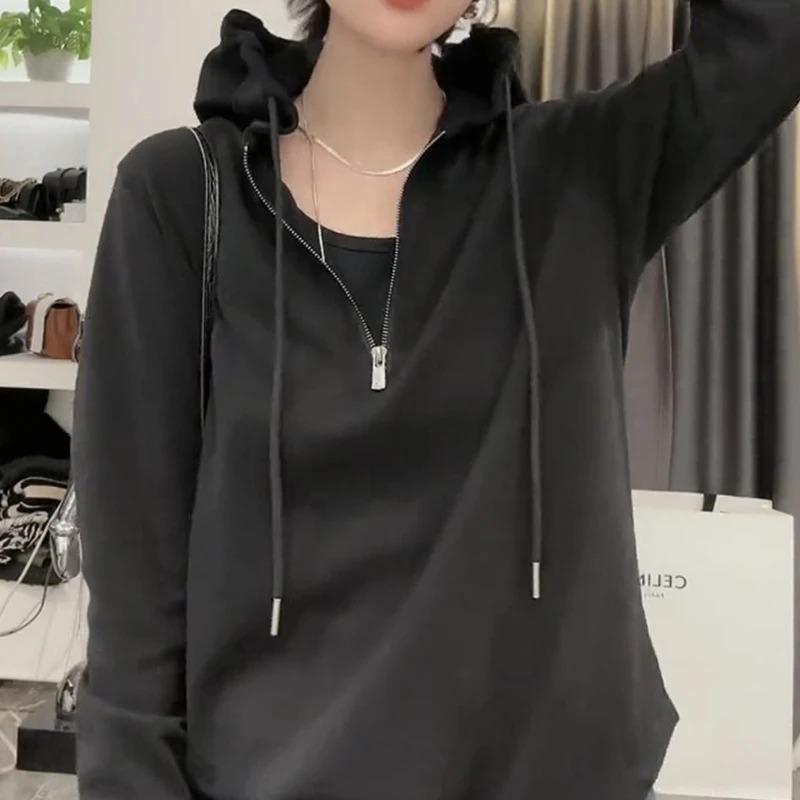 Reines Baumwoll-Midilanges Kapuzen-Langarm-T-Shirt Damen Frühling Hüftbedeckendes Uni-Oberteil Trendy