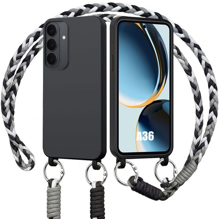 Coque pour Samsung Galaxy A36 5G, Silicone Liquide Noire Antichoc Slim avec Cordon Noir Blanc