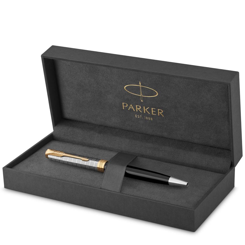 PARKER Sonnet Premium Metal Black GT Ballpoint Medium Gift Officially Product Number 2119787 & Pen, Nib, Oil-Based, Boxed, Imported,