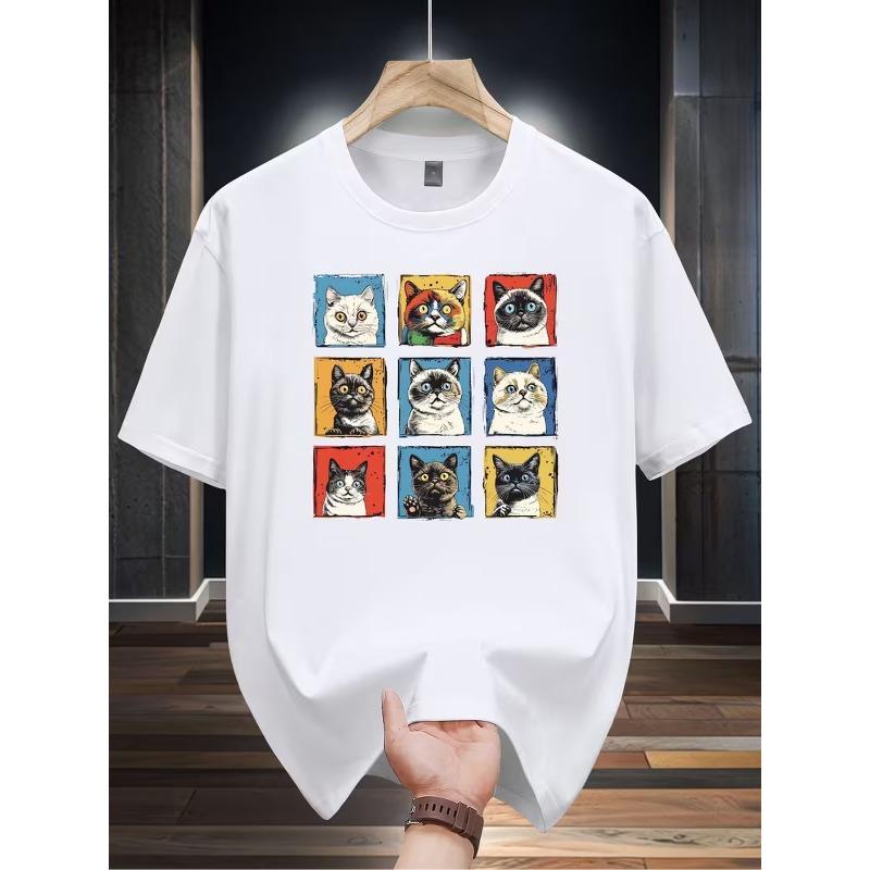 Men's Casual T-Shirt with Cartoon Cat Graphic - Short Sleeve, Round Neck, Lightweight & Breathable Summer Tee in Black with Colorful Cat Designs
