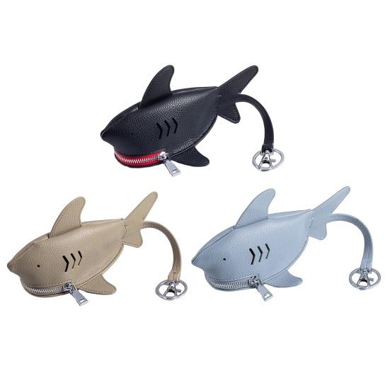 Leather Shark Key Bag Cute Shark Shape Car Key Bag Backpack Charm Shark Pouch with Keyring And Lanyard Zippered Coin Purse