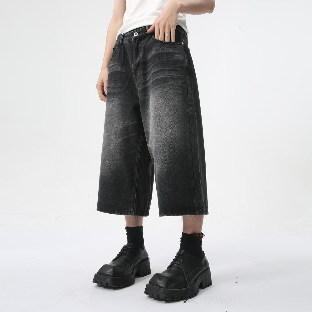 | American High Street Whitened Washed Silhouette Wide Legs Loose Seven-point Jeans