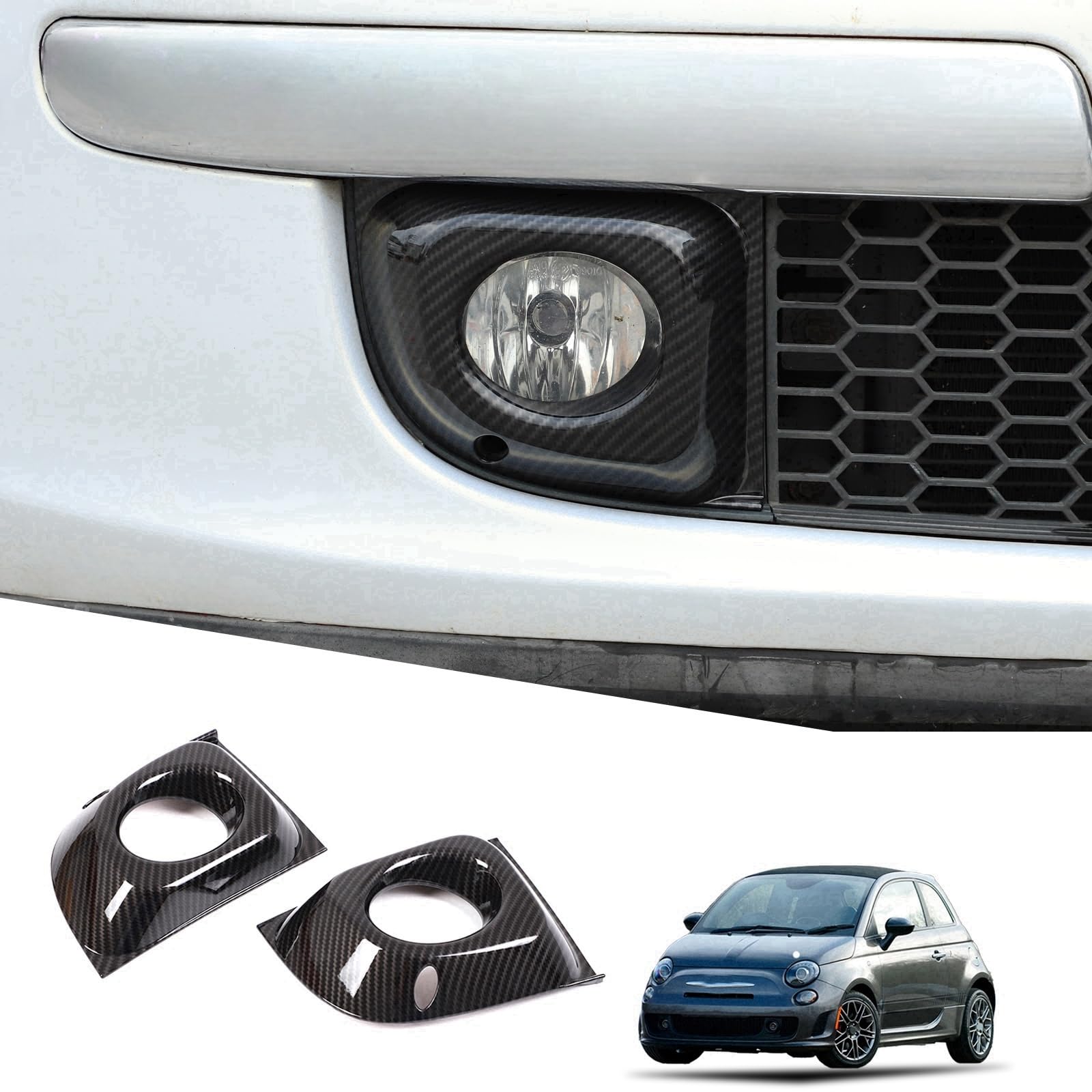 Set of 2 ABS Carbon Fiber Fog Light Trim Covers for Fiat 500 Front Fog Light Fog Lamp Trim Front Fog and Fog (2011-2015) - Covers, Protectors, Lights,