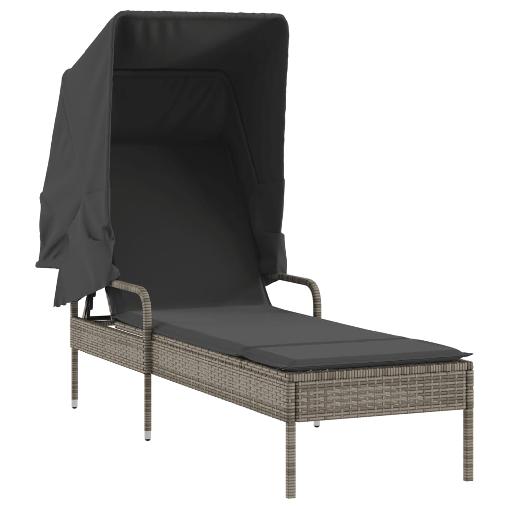Vidaxl Sun Lounger with Canopy, Grey, Poly Rattan