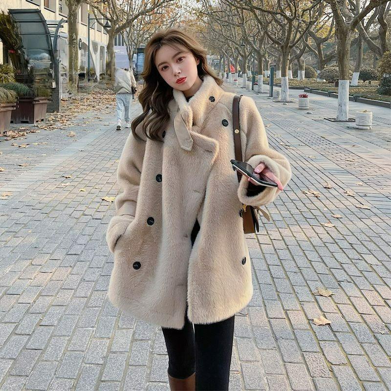 Toamnă și Iarnă Imitație Mătase de Nurcă Catifea Gros Blană Dintr-o Bucată Lână de Miel Larg și Subțire Palton Femei Lungime Medie