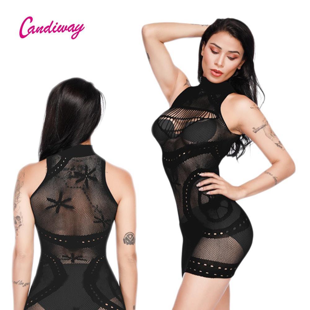 Plus Fantasy Sexy Mini Dress Net Halterneck Choker Erotic Open Cup Lingerie Night Mesh Tight Underwear For Women