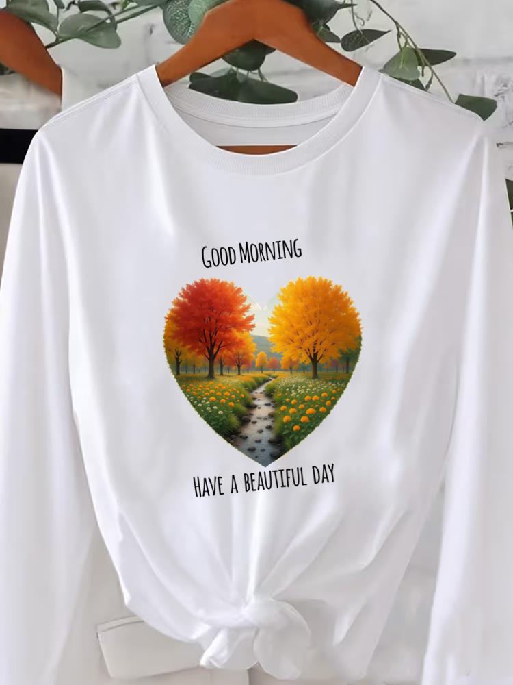 (Asian Size) Flower Trend Cute Graphic Tee O-neck Print T Shirt Casual Clothing Women Autumn Winter Spring Fashion Top Long Sleeve T-shirts